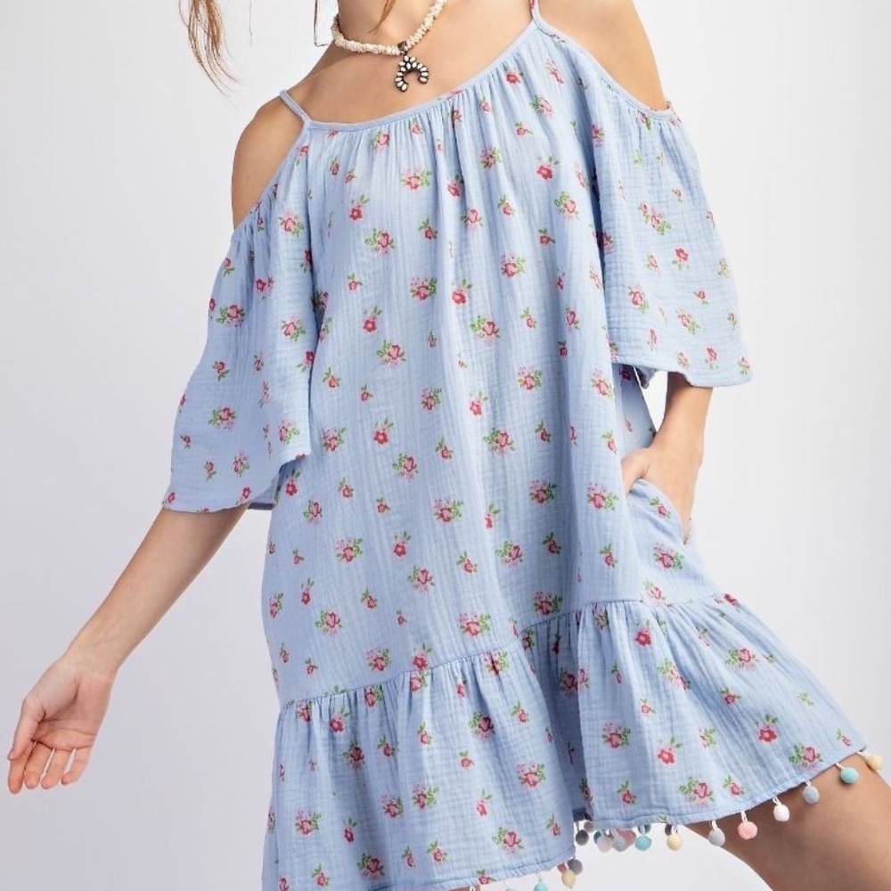 New Easel Cold Shoulder Dress Pom Pom Trim Ruffle Gauze Blue Floral Pockets - Picture 4 of 12